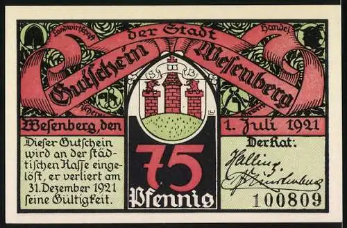 Notgeld Wesenberg, 1921, 75 Pfennig, Ritter und Stadtmauer Motiv, Gültigkeit bis 31. Dezember 1921