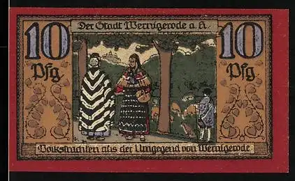 Notgeld Wernigerode 1921, 10 Pfennig, Motiv mit Trachten und Eule