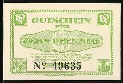 Notgeld Lehrte 1921, Zehn Pfennig, Gutschein Nr. 49635, grünes Design mit Stadtwappen und Industrieszenen