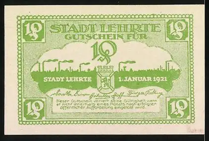 Notgeld Lehrte 1921, Zehn Pfennig, Gutschein Nr. 49635, grünes Design mit Stadtwappen und Industrieszenen