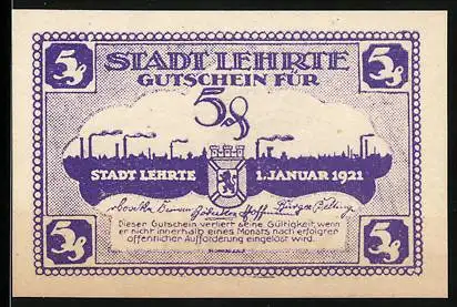 Notgeld Lehrte 1921, 5 Pfennig, Industrielandschaft und Stadtwappen, Seriennummer 88959