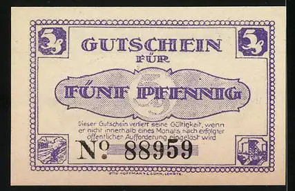 Notgeld Lehrte 1921, 5 Pfennig, Industrielandschaft und Stadtwappen, Seriennummer 88959