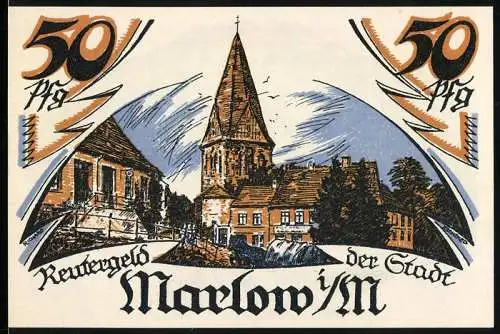 Notgeld Marlow i/Meckl., 50 Pfennig, Stadtansicht und historische Szene mit Bauernaufstand