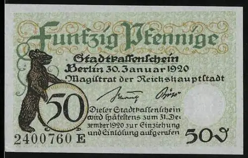 Notgeld Berlin 1920, 50 Pfennig, Stadtkassenschein mit Bär und Signaturen, hellgrün und orange