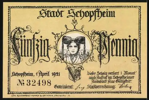 Notgeld Schopfheim, 1921, 50 Pfennig, mit Abbildung einer Frau und Text Die Hünen-Jungfrau