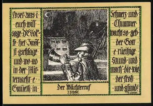 Notgeld Schopfheim, 1921, 50 Pfennig, Wächterruf und Frauenporträt