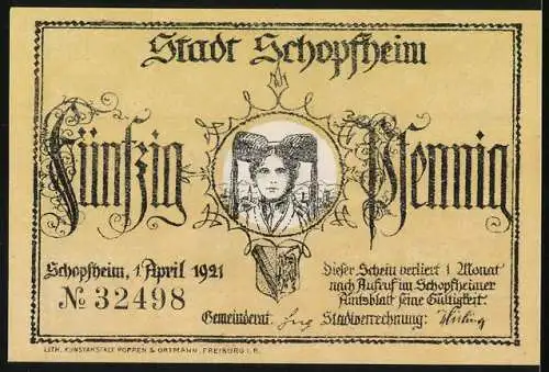 Notgeld Schopfheim, 1921, 50 Pfennig, Wächterruf und Frauenporträt