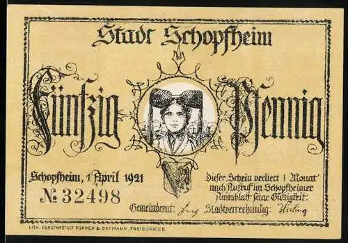Notgeld Schopfheim 1921, Fünfzig Pfennig, Mädchenportrait und Johann Peter Hebel Portrait