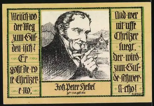 Notgeld Schopfheim 1921, Fünfzig Pfennig, Mädchenportrait und Johann Peter Hebel Portrait