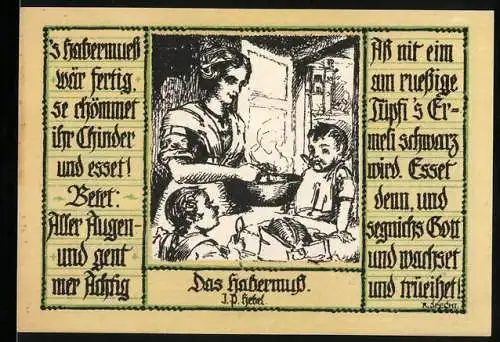 Notgeld Schopfheim 1921, 50 Pfennig, Illustration von Frau mit Kindern beim Essen