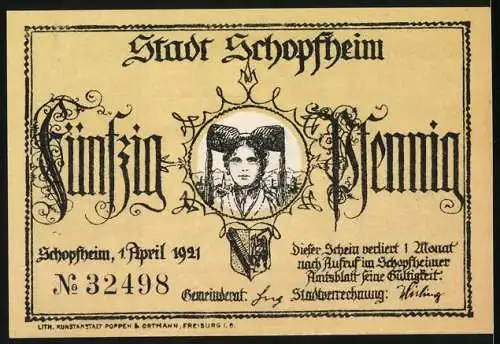 Notgeld Schopfheim 1921, 50 Pfennig, Illustration von Frau mit Kindern beim Essen