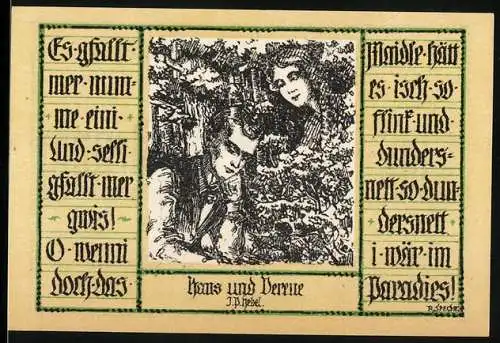 Notgeld Schopfheim, 1921, 50 Pfennig, Illustration von Haus und Verne mit J.P. Hebel Text