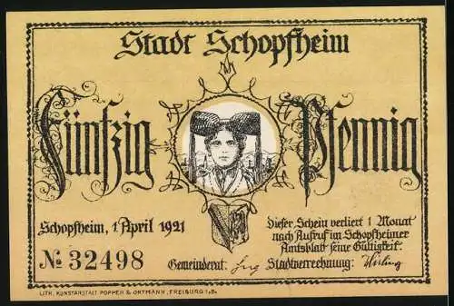 Notgeld Schopfheim, 1921, 50 Pfennig, Illustration von Haus und Verne mit J.P. Hebel Text