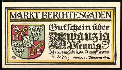 Notgeld Berchtesgaden, 1920, 20 Pfennig, Wappen und Berglandschaft mit Gedicht