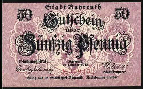 Notgeld Bayreuth 1918, 50 Pfennig, Gutschein über Fünfzig Pfennig, Gebäude-Abbildung