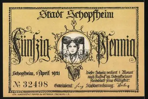 Notgeld Schopfheim, 1921, Fünfzig Pfennig, Der Mann im Mond - Lithographie Poppen & Ortmann