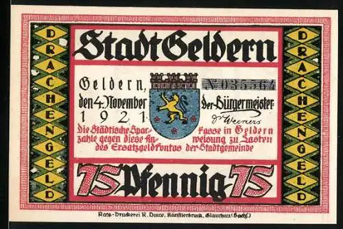 Notgeld Geldern 1921, 75 Pfennig, Drachenmotiv mit Stadtwappen und Bürgermeisterunterschrift