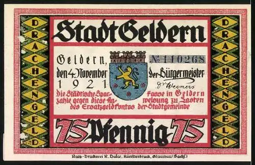 Notgeld Geldern 1921, 75 Pfennig, Stadtansicht mit Drachen und Wappen