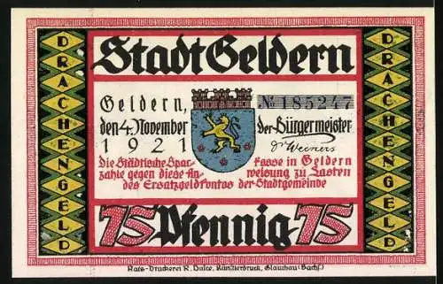 Notgeld Geldern, 1921, 75 Pfennig, Drachenmotiven und Wappen der Stadt Geldern