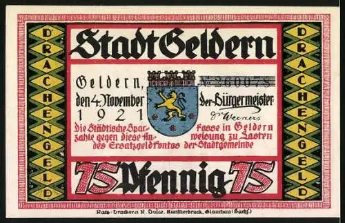 Notgeld Geldern, 1921, 75 Pfennig, Silhouetten von drei Männern und Wappen der Stadt