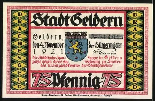 Notgeld Geldern 1921, 75 Pfennig, Drachenkampf mit Trinkspruch und Stadtwappen