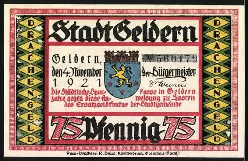 Notgeld Geldern, 1921, 75 Pfennig, Stadtansicht mit Drachen und Silhouetten