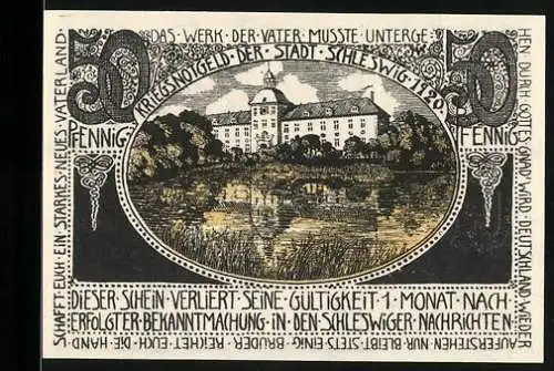 Notgeld Schleswig 1920, 50 Pfennig, Kriegsnotgeld der Stadt Schleswig mit Gebäudeansicht und dekorativen Elementen