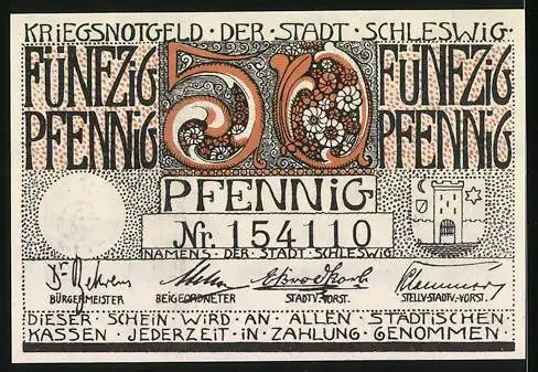 Notgeld Schleswig 1920, 50 Pfennig, Kriegsnotgeld der Stadt Schleswig mit Gebäudeansicht und dekorativen Elementen