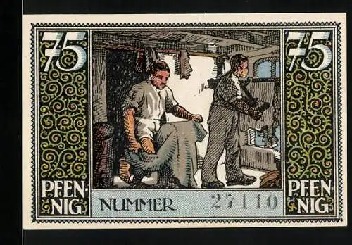 Notgeld Kirchhain, 75 Pfennig, Illustration eines Gerberhandwerks und Stadtansicht des Rathauses