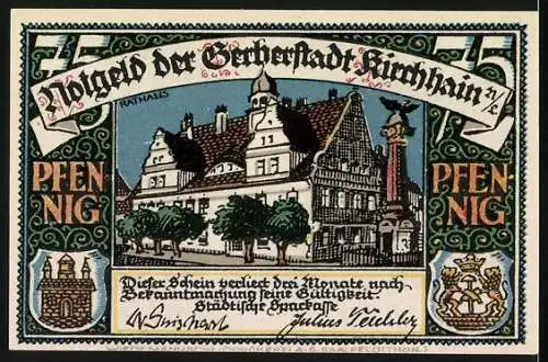 Notgeld Kirchhain, 75 Pfennig, Illustration eines Gerberhandwerks und Stadtansicht des Rathauses