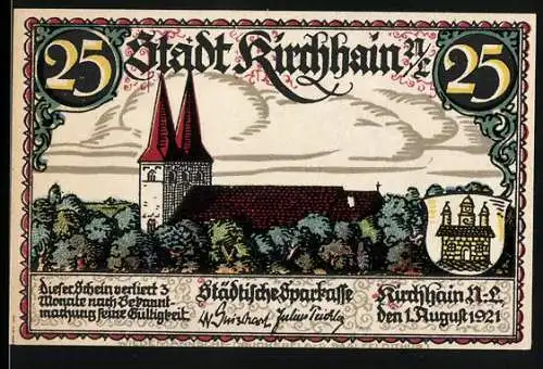 Notgeld Kirchhain, 1921, 25 Pfennig, Kirche und Arbeiter beim Pflastern