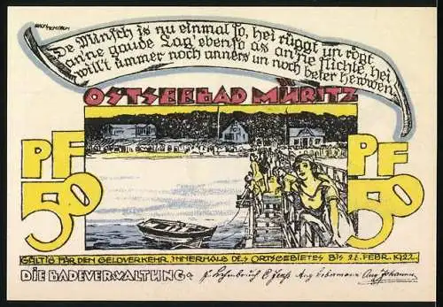 Notgeld Ostseebad Müritz, 1921, 50 Pfennig, Reutergeld mit Badeverwaltung und Illustrationen