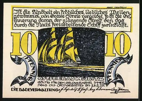 Notgeld Ostseebad Müritz, 10 Pfennig, Boot und Küstenlandschaft, Segelschiff und Text