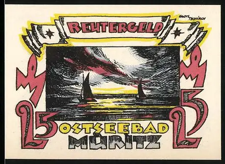 Notgeld Ostseebad Müritz, 25 Pfennig, Reutergeld mit Segelboot bei Sonnenuntergang, Rückseite mit Gedicht