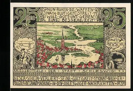 Notgeld Schleswig, 1921, 25 Pfennig, Kriegsnotgeld der Stadt Schleswig mit Stadtansicht und Unterschriften