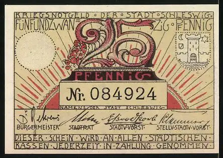 Notgeld Schleswig, 1921, 25 Pfennig, Kriegsnotgeld der Stadt Schleswig mit Stadtansicht und Unterschriften