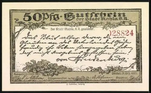 Notgeld Kahla 1921, 50 Pfennig, Leuchtenburg mit Eichenlaub und rotem Wappen