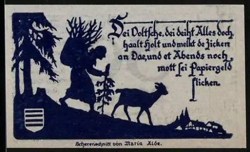 Notgeld Nöschenrode, 1921, 50 Pfennige, Silhouettenszene mit Ziege und Frau, Scherenschnitt von Maria Alde