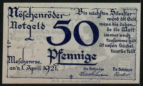 Notgeld Nöschenrode, 1921, 50 Pfennige, Silhouettenszene mit Ziege und Frau, Scherenschnitt von Maria Alde