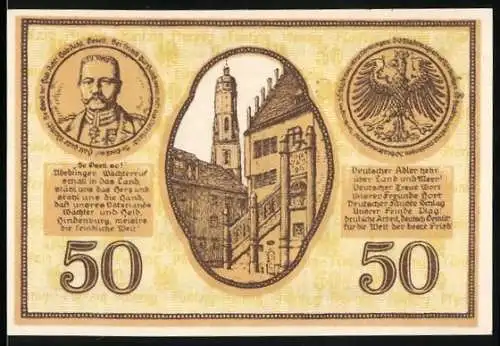 Notgeld Nördlingen 1917, 50 Pfennig, Gutschein über 50 Pfennig mit Stadtansicht und Porträts