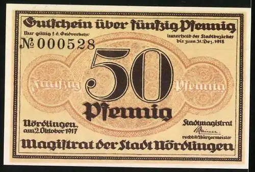 Notgeld Nördlingen 1917, 50 Pfennig, Gutschein über 50 Pfennig mit Stadtansicht und Porträts