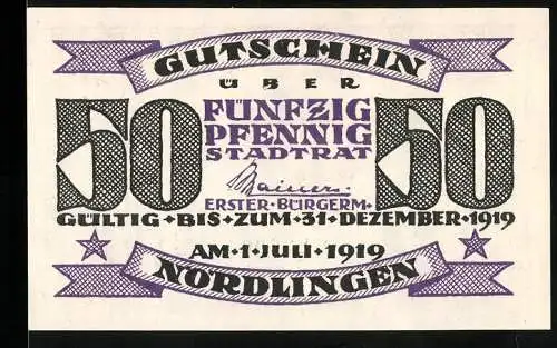 Notgeld Nördlingen 1919, 50 Pfennig, Gutschein über fünfzig Pfennig mit Adler und Aufschrift Stadtrat