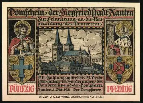 Notgeld Xanten 1921, 50 Pfennig, Domschein der Siegfriedstadt mit Brunhilde-Abbildung