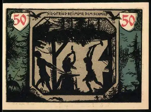 Notgeld Xanten 1921, 50 Pfennig, Siegfried beim Schmied und Domverein Gründung