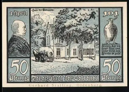 Notgeld Jever, 50 Pfennig, Haus der Getreuen und Wappen mit Löwen, Gerhard Stalling Oldenburg