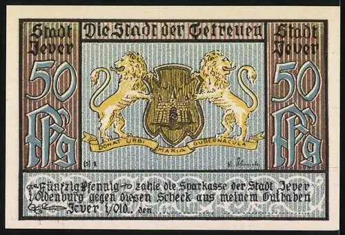 Notgeld Jever, 50 Pfennig, Haus der Getreuen und Wappen mit Löwen, Gerhard Stalling Oldenburg