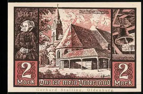 Notgeld Jever, 2 Mark, Stadtansicht mit Kirche, Stadtwappen mit Löwen