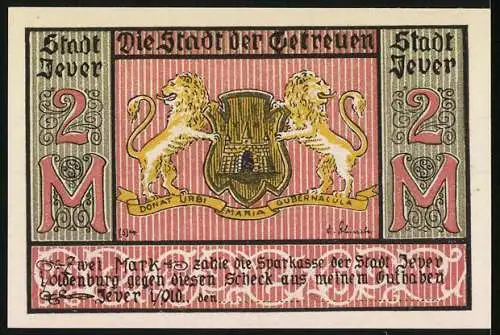 Notgeld Jever, 2 Mark, Stadtansicht mit Kirche, Stadtwappen mit Löwen