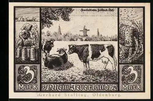 Notgeld Jever, 3 Mark, Viehweide mit Kühen und Stadtwappen mit Löwen