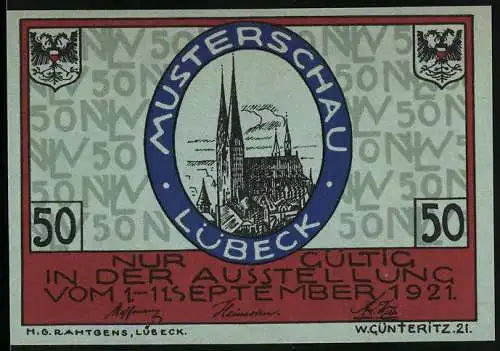 Notgeld Lübeck, 1921, 50 Pfennig, Musterschau mit Stadtsilhouette und Wappen der Nordische Woche
